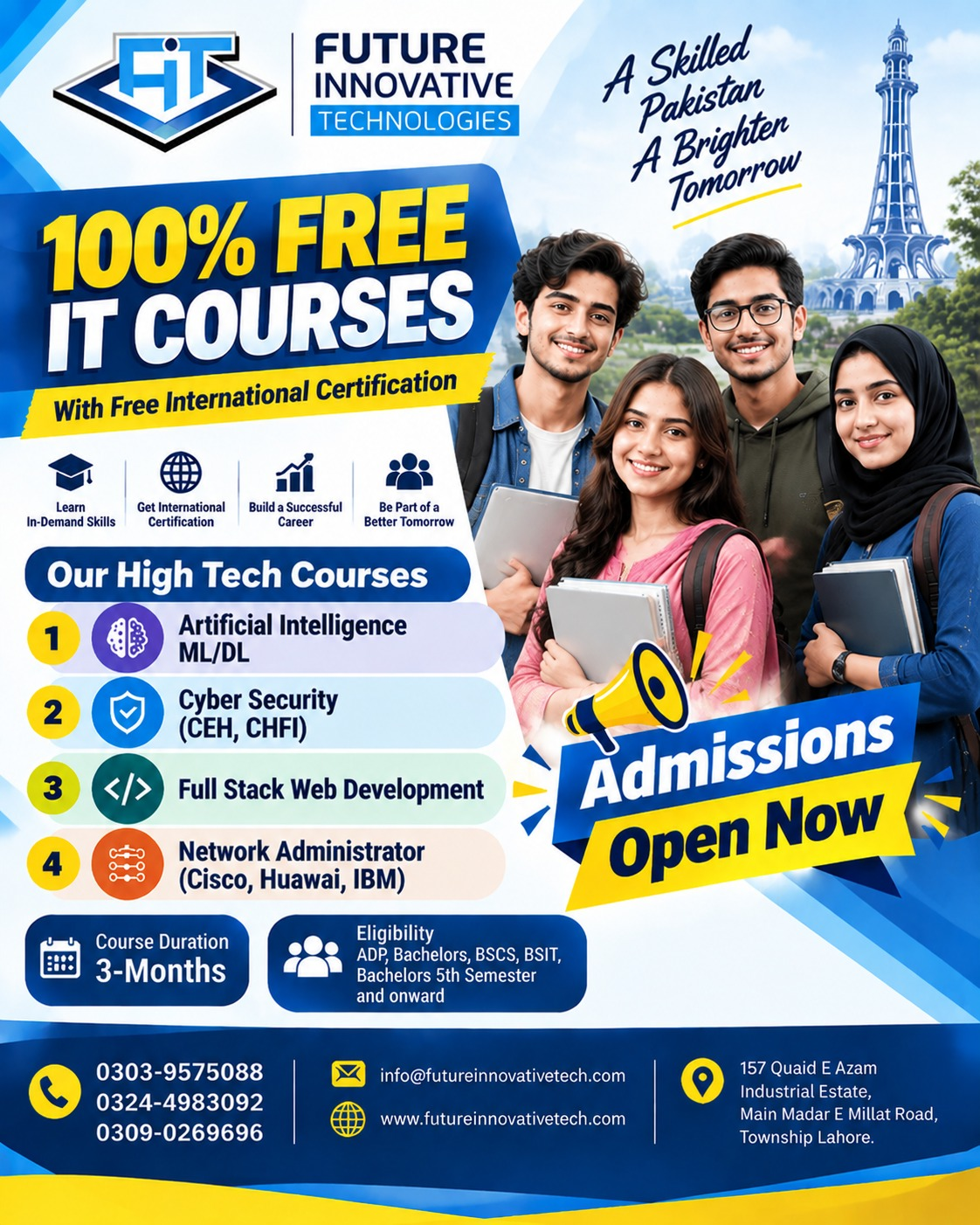 Future Innovative Technologies 100% Free IT Courses flyer